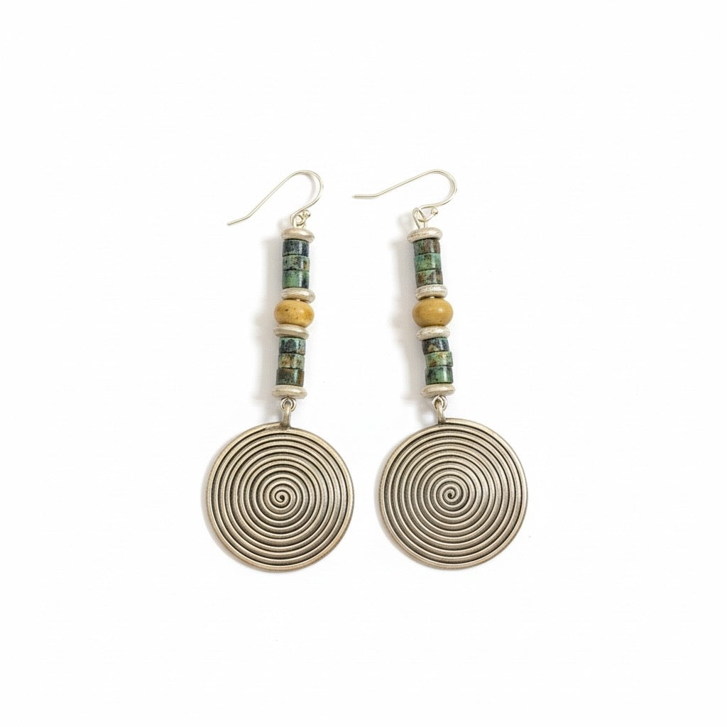 Karen hill tribe silver, blue green jasper & sterling silver hooks. Our statement earrings are very stylish and wearable. Length 6.7 cm, spiral diameter 2.3 cm