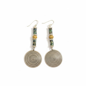 Karen hill tribe silver, blue green jasper & sterling silver hooks. Our statement earrings are very stylish and wearable. Length 6.7 cm, spiral diameter 2.3 cm