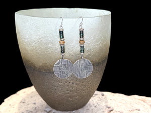 Karen hill tribe silver, blue green jasper & sterling silver hooks. Our statement earrings are very stylish and wearable. Length 6.7 cm, spiral diameter 2.3 cm