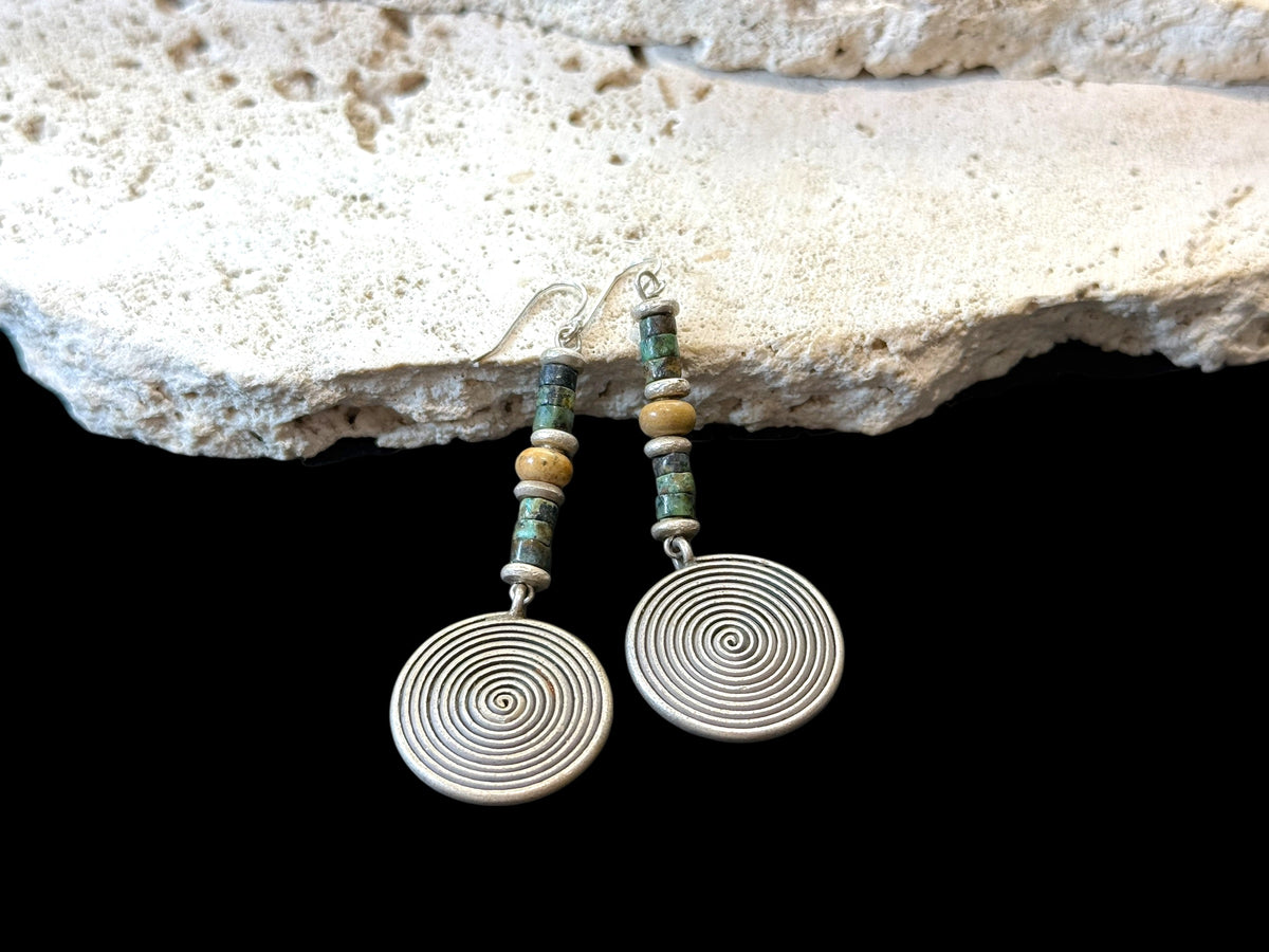 Karen hill tribe silver, blue green jasper & sterling silver hooks. Our statement earrings are very stylish and wearable. Length 6.7 cm, spiral diameter 2.3 cm