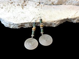 Karen hill tribe silver, blue green jasper & sterling silver hooks. Our statement earrings are very stylish and wearable. Length 6.7 cm, spiral diameter 2.3 cm