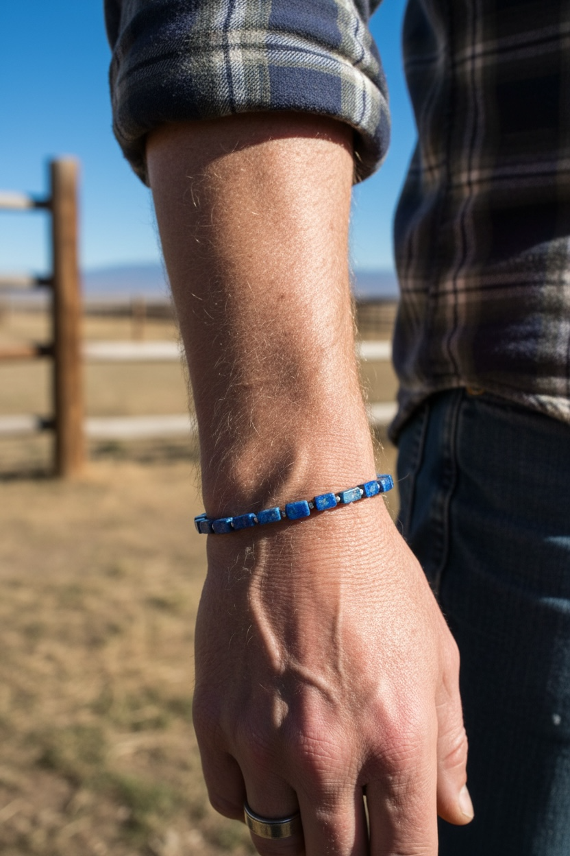 Organic look irregular square cut lapis lazuli bead and silver bracelet. 