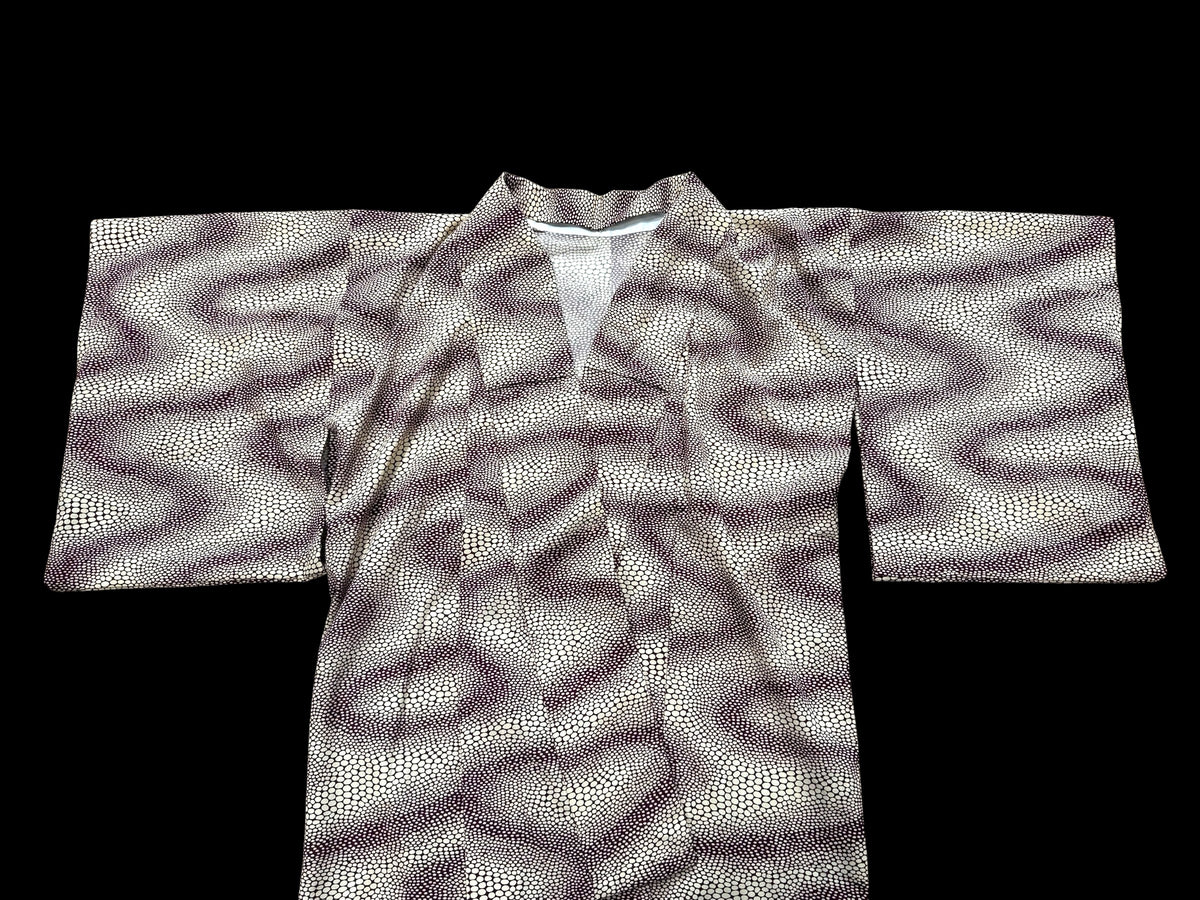 Traditional vintage Japanese kimono with a red stingray skin pattern on a cream background. Brand new.
