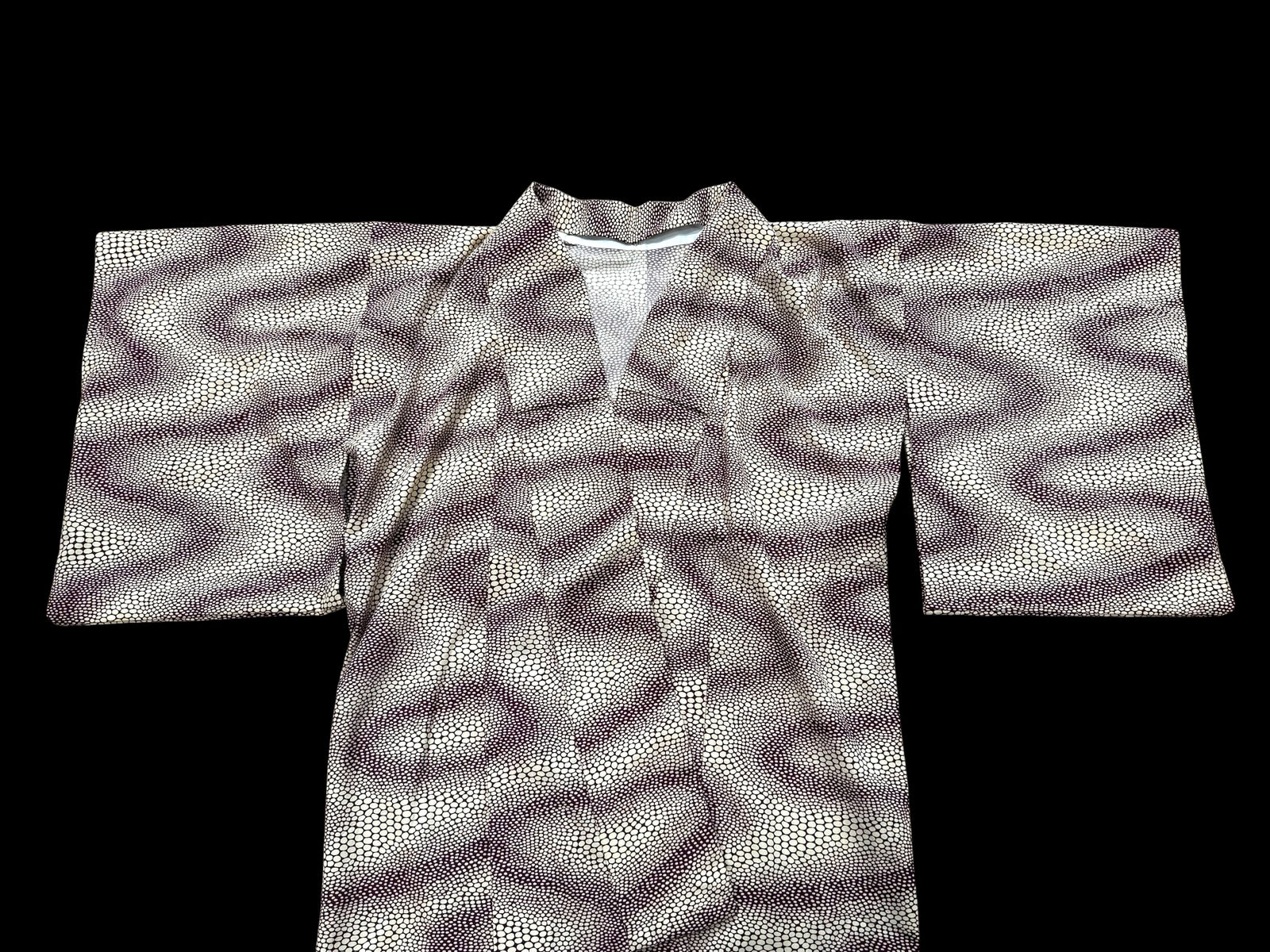 Traditional vintage Japanese kimono with a red stingray skin pattern on a cream background. Brand new.