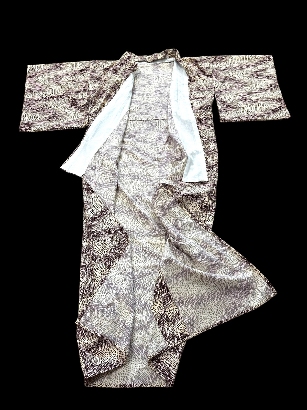 Traditional vintage Japanese kimono with a red stingray skin pattern on a cream background. Brand new.