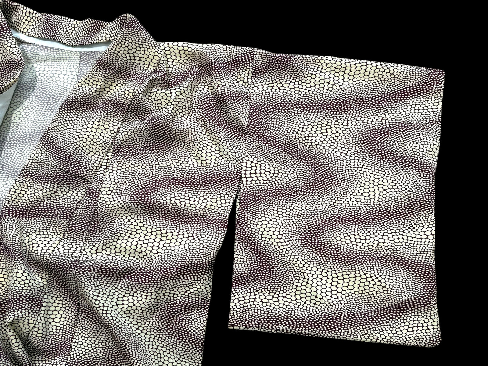 Traditional vintage Japanese kimono with a red stingray skin pattern on a cream background. Brand new.