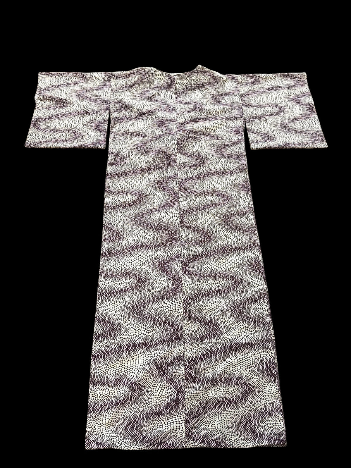 Traditional vintage Japanese kimono with a red stingray skin pattern on a cream background. Brand new.