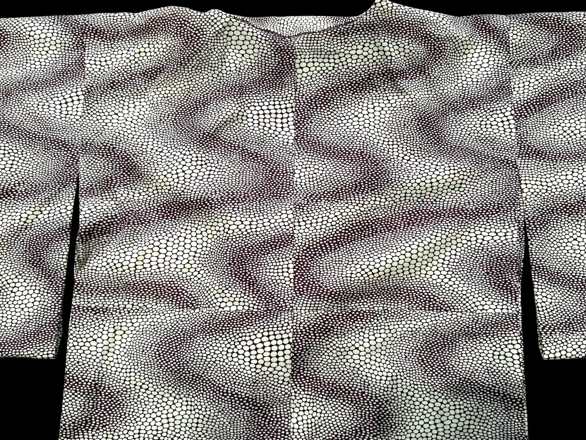 Traditional vintage Japanese kimono with a red stingray skin pattern on a cream background. Brand new.