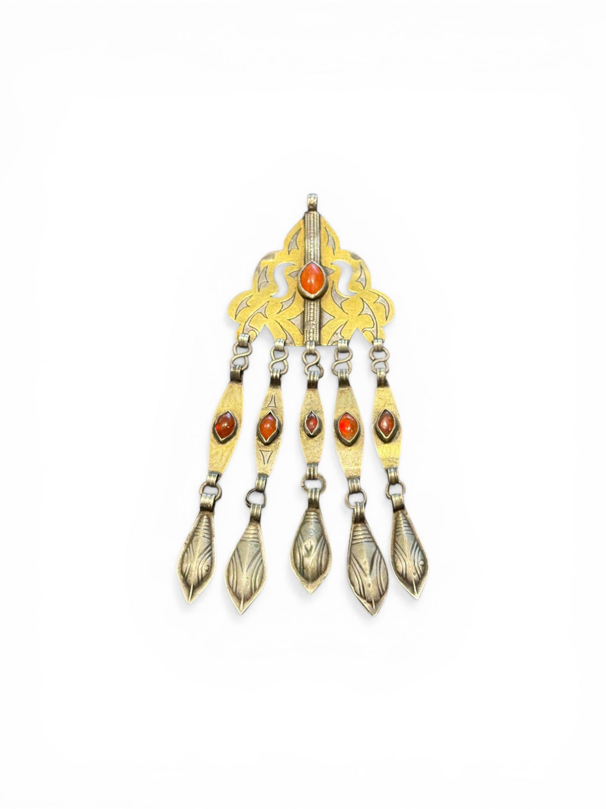 Tekke Turkoman women's pendant. High grade silver, 24k gold fire gilding, carnelian stones. All dangles are original. Early 20th C, height 15 cm