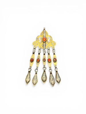 Tekke Turkoman women's pendant. High grade silver, 24k gold fire gilding, carnelian stones. All dangles are original. Early 20th C, height 15 cm