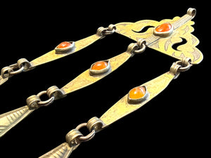 Tekke Turkoman women's pendant. High grade silver, 24k gold fire gilding, carnelian stones. All dangles are original. Early 20th C, height 14.6 cm