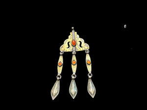 Tekke Turkoman women's pendant. High grade silver, 24k gold fire gilding, carnelian stones. All dangles are original. Early 20th C, height 14.6 cm