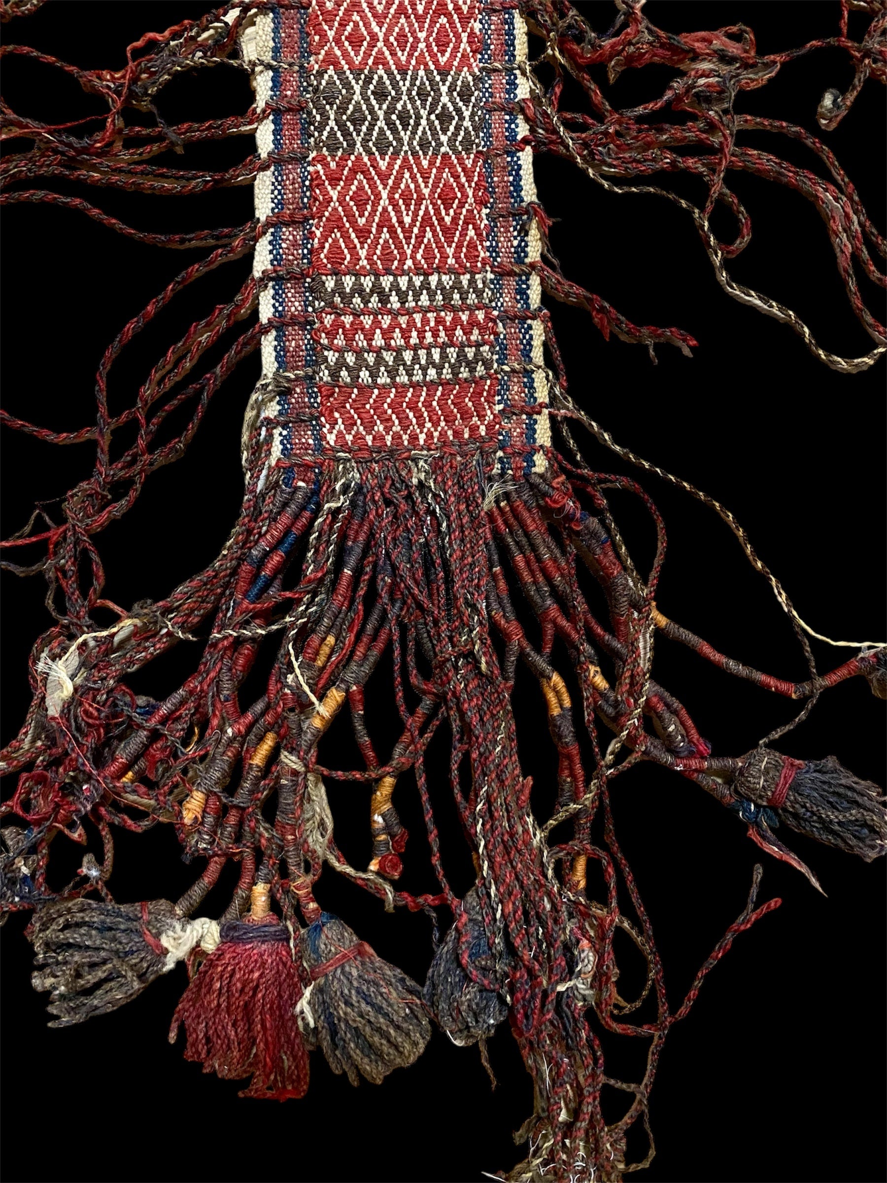 Intricately woven tent band. Afghanistan, early 20th century. Excellent condition, with elaborate fringing on both sides and richly interwoven end tassels. Length 5 metres