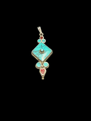 Classic Tibetan pendants, consisting of panels of turquoise and other stones set in sterling silver. These turquoise pendants are handmade in Nepal by Tibetan craftsmen.
