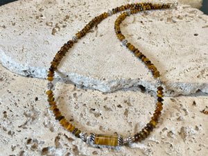 Rondel bead tigers eye necklace features vintage Indian silver beads and detailing. Unisex necklace. Length 44.5 cm