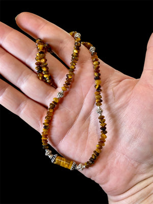 Rondel bead tigers eye necklace features vintage Indian silver beads and detailing. Unisex necklace. Length 44.5 cm