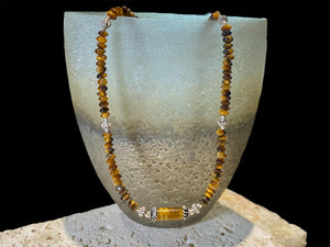 Rondel bead tigers eye necklace features vintage Indian silver beads and detailing. Unisex necklace. Length 44.5 cm