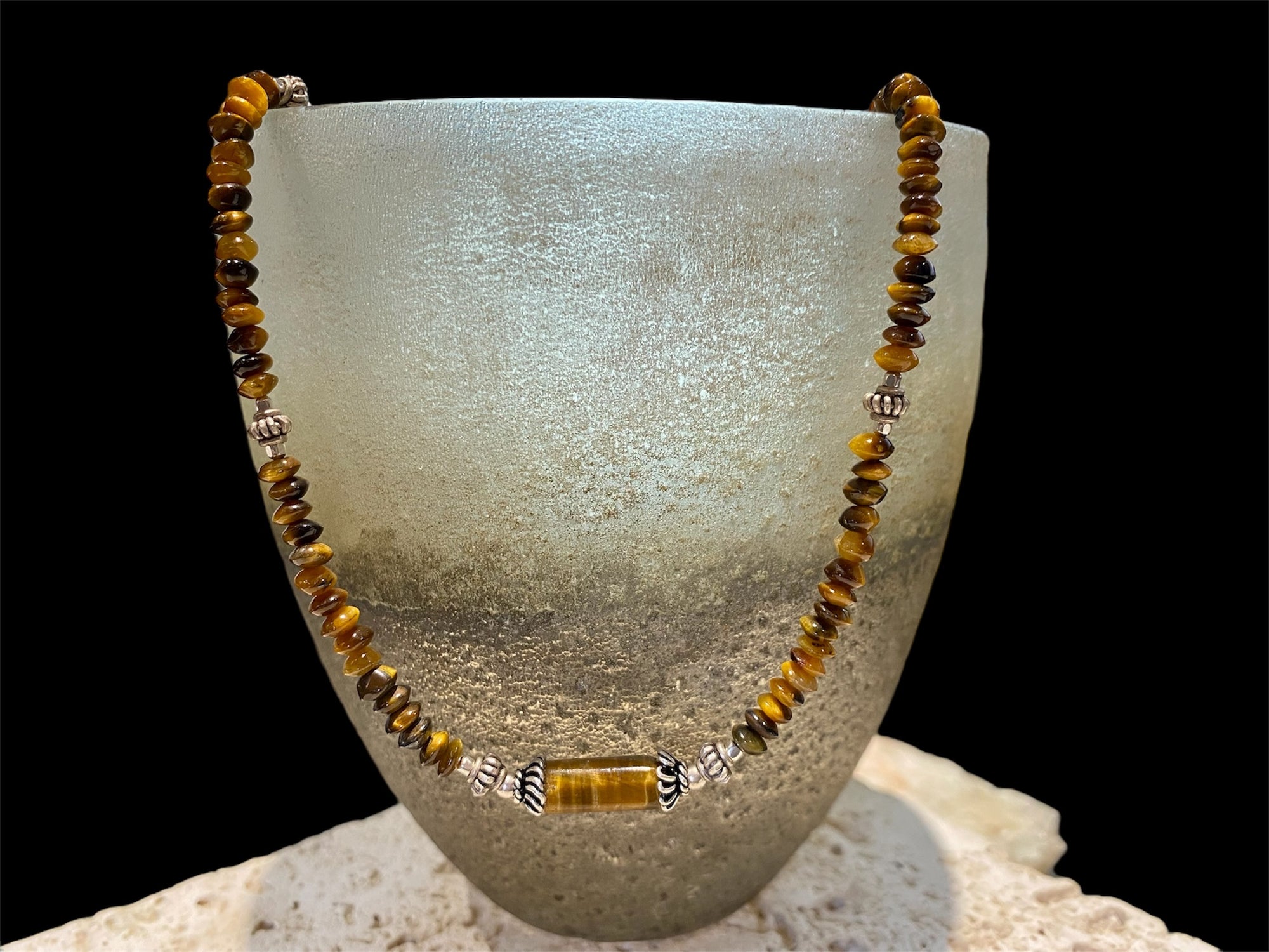 Rondel bead tigers eye necklace features vintage Indian silver beads and detailing. Unisex necklace. Length 44.5 cm