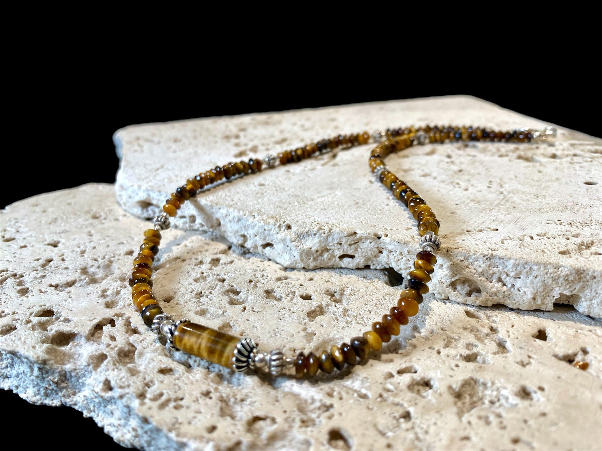 Rondel bead tigers eye necklace features vintage Indian silver beads and detailing. Unisex necklace. Length 44.5 cm