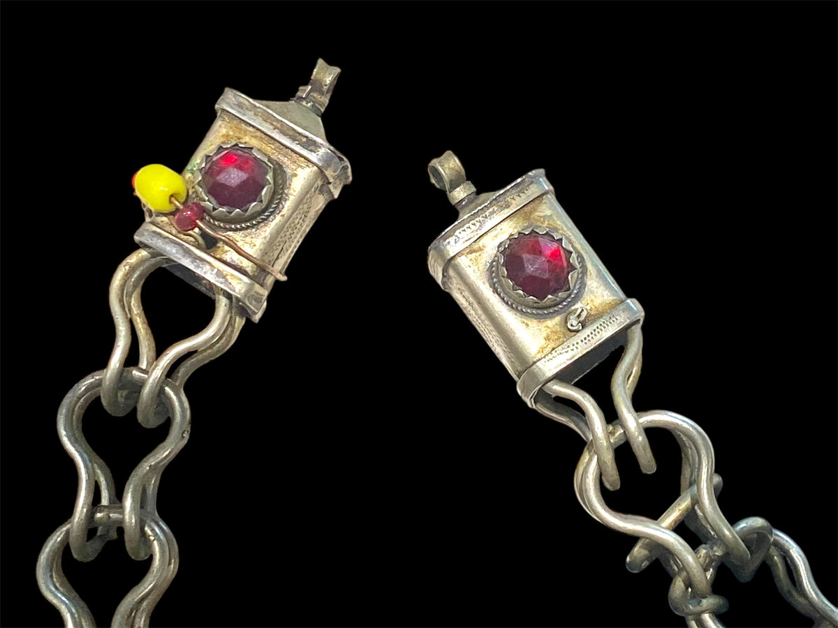 Vintage (1920 - 1940) Moroccan Berber cloak chain. Coin Silver. Set with glass "gems", engraved box finials, ball centrepiece. Length 57 cm
