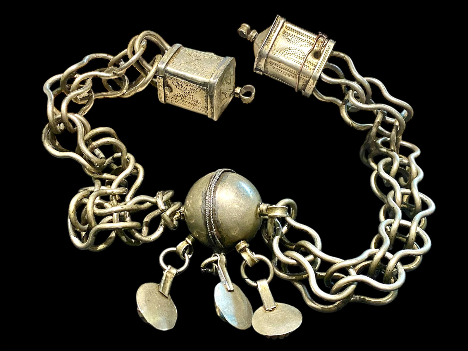 Vintage (1920 - 1940) Moroccan Berber cloak chain. Coin Silver. Set with glass "gems", engraved box finials, ball centrepiece. Length 57 cm