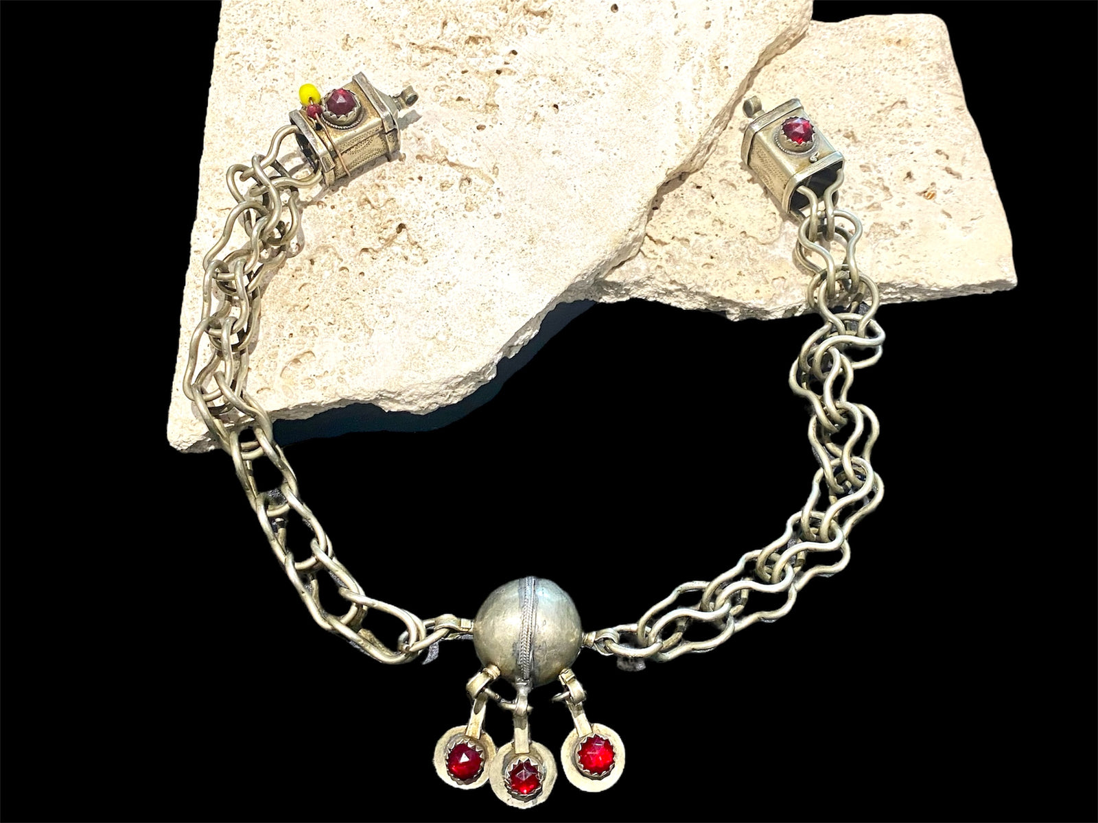 Vintage (1920 - 1940) Moroccan Berber cloak chain. Coin Silver. Set with glass "gems", engraved box finials, ball centrepiece. Length 57 cm