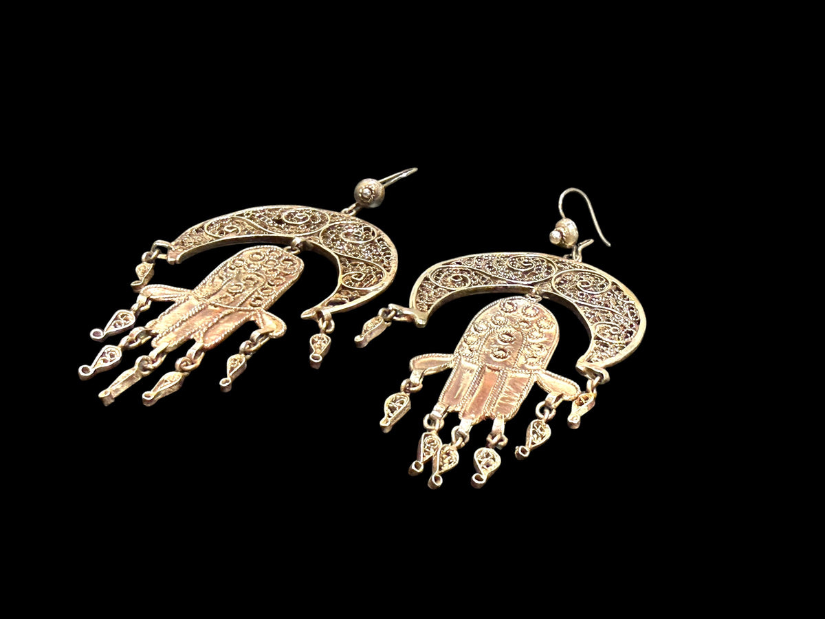 Traditional Tunisian bridal filigree crescent earrings with hamsa pendants & articulated drops. High grade silver. Vintage 1940's. Height 10 cm, width 4.6 cm
