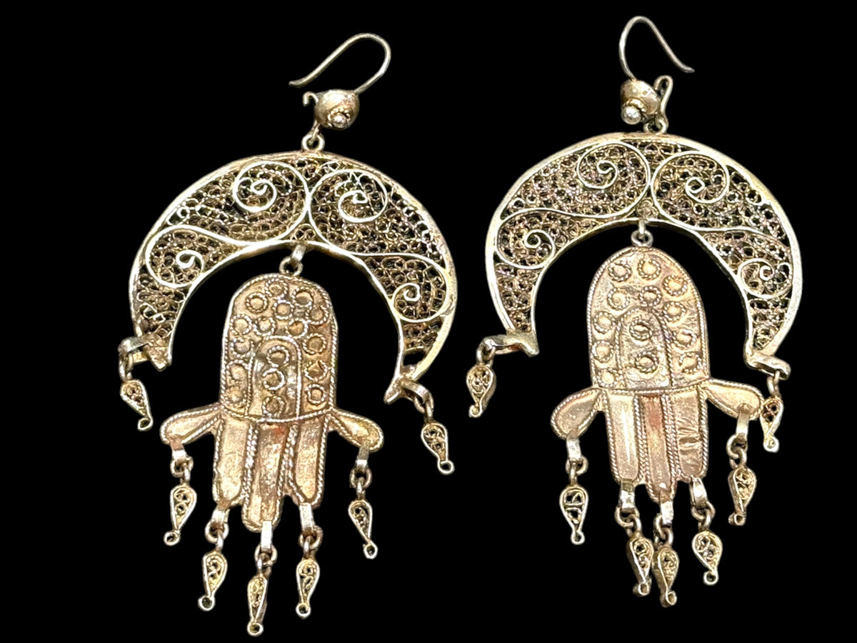 Traditional Tunisian bridal filigree crescent earrings with hamsa pendants & articulated drops. High grade silver. Vintage 1940's. Height 10 cm, width 4.6 cm