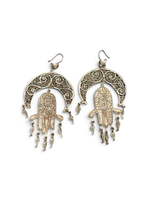 Traditional Tunisian bridal filigree crescent earrings with hamsa pendants & articulated drops. High grade silver. Vintage 1940's. Height 10 cm, width 4.6 cm
