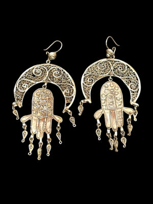 Traditional Tunisian bridal filigree crescent earrings with hamsa pendants & articulated drops. High grade silver. Vintage 1940's. Height 10 cm, width 4.6 cm