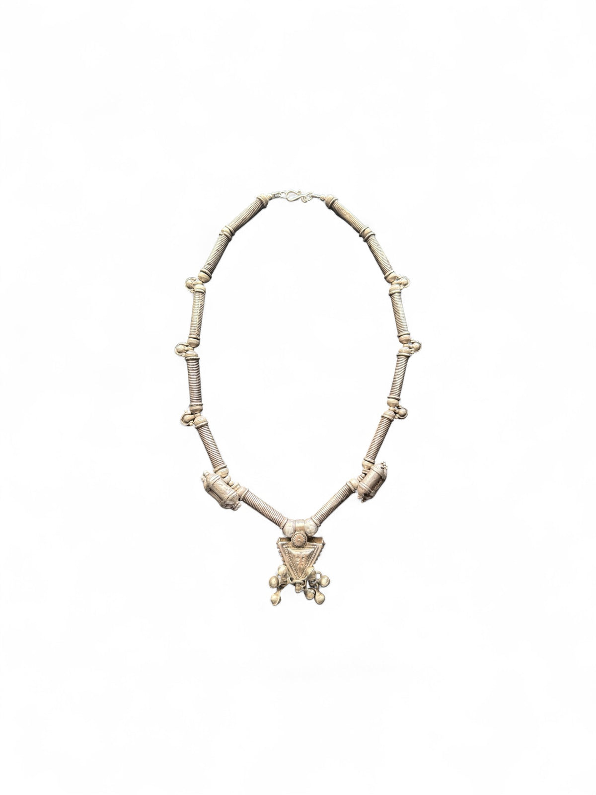 Unique necklace of antique silver components - Afghan tube beads, Turkoman pendant, double amulets from Pakistan and small Indian bell pendants. Length 56 cm