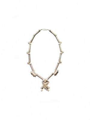 Unique necklace of antique silver components - Afghan tube beads, Turkoman pendant, double amulets from Pakistan and small Indian bell pendants. Length 56 cm