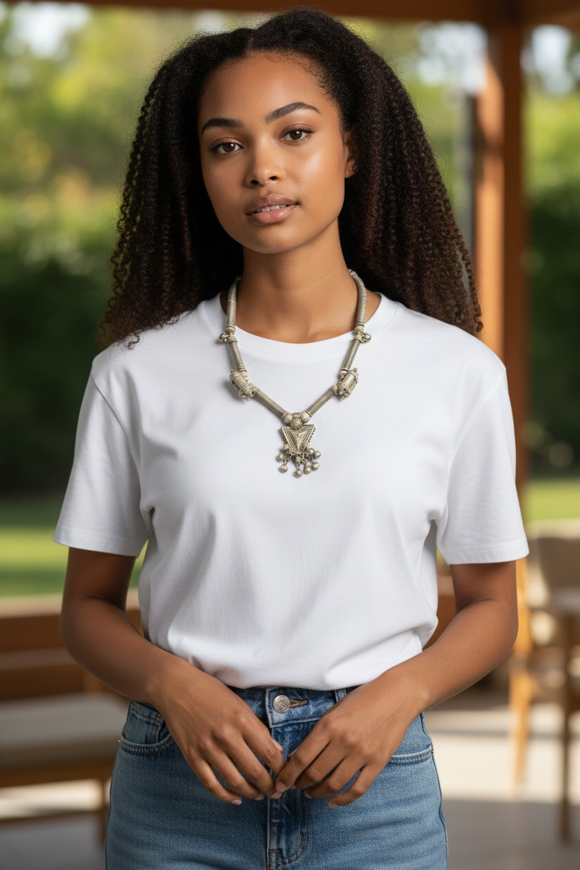 Unique necklace of antique silver components - Afghan tube beads, Turkoman pendant, double amulets from Pakistan and small Indian bell pendants. Length 56 cm