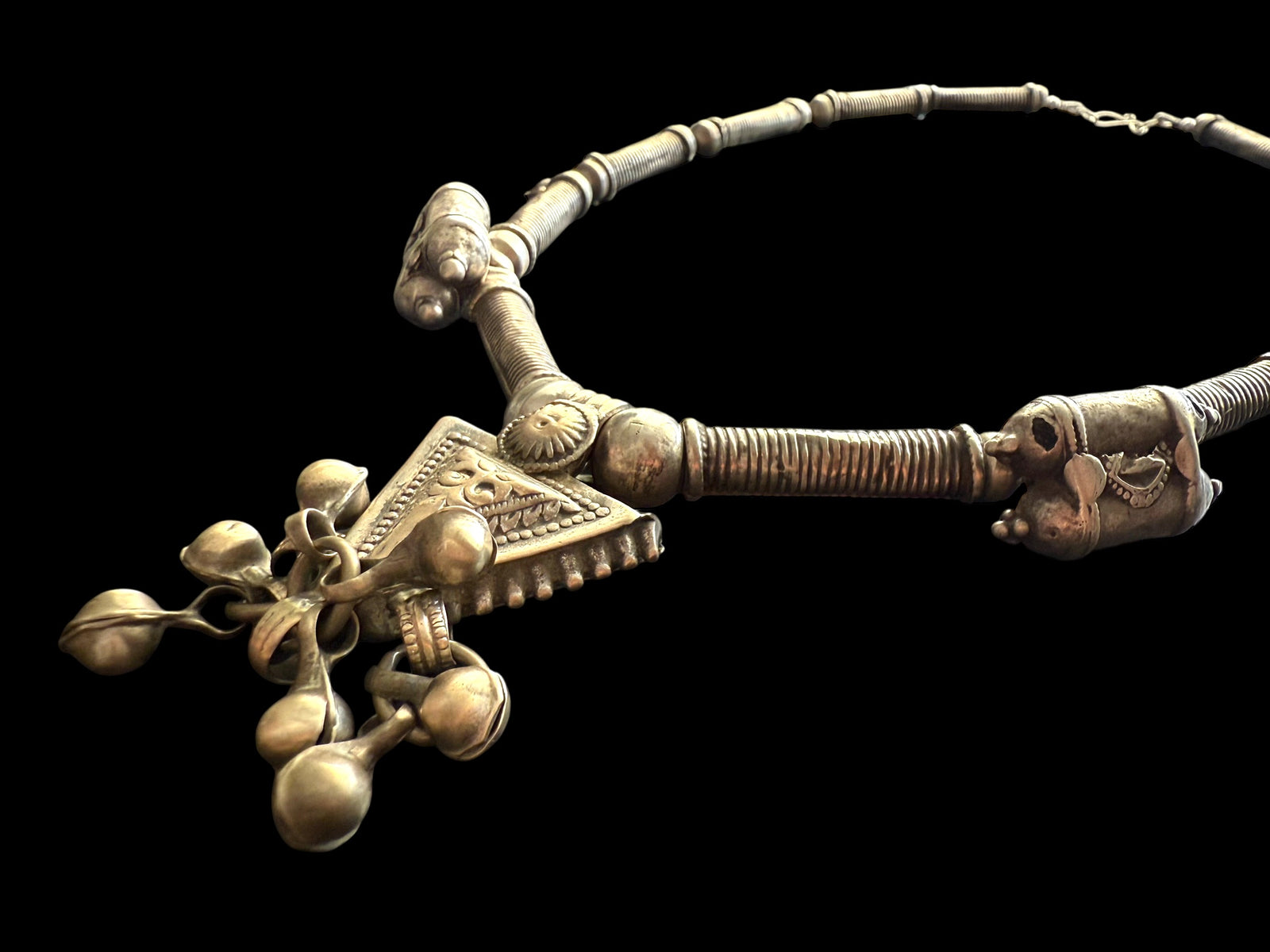 Unique necklace of antique silver components - Afghan tube beads, Turkoman pendant, double amulets from Pakistan and small Indian bell pendants. Length 56 cm