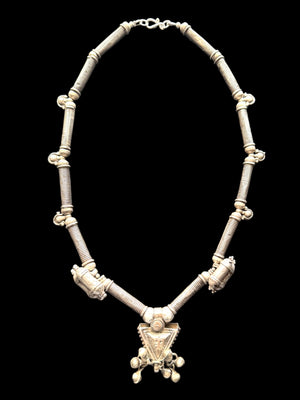 Unique necklace of antique silver components - Afghan tube beads, Turkoman pendant, double amulets from Pakistan and small Indian bell pendants. Length 56 cm