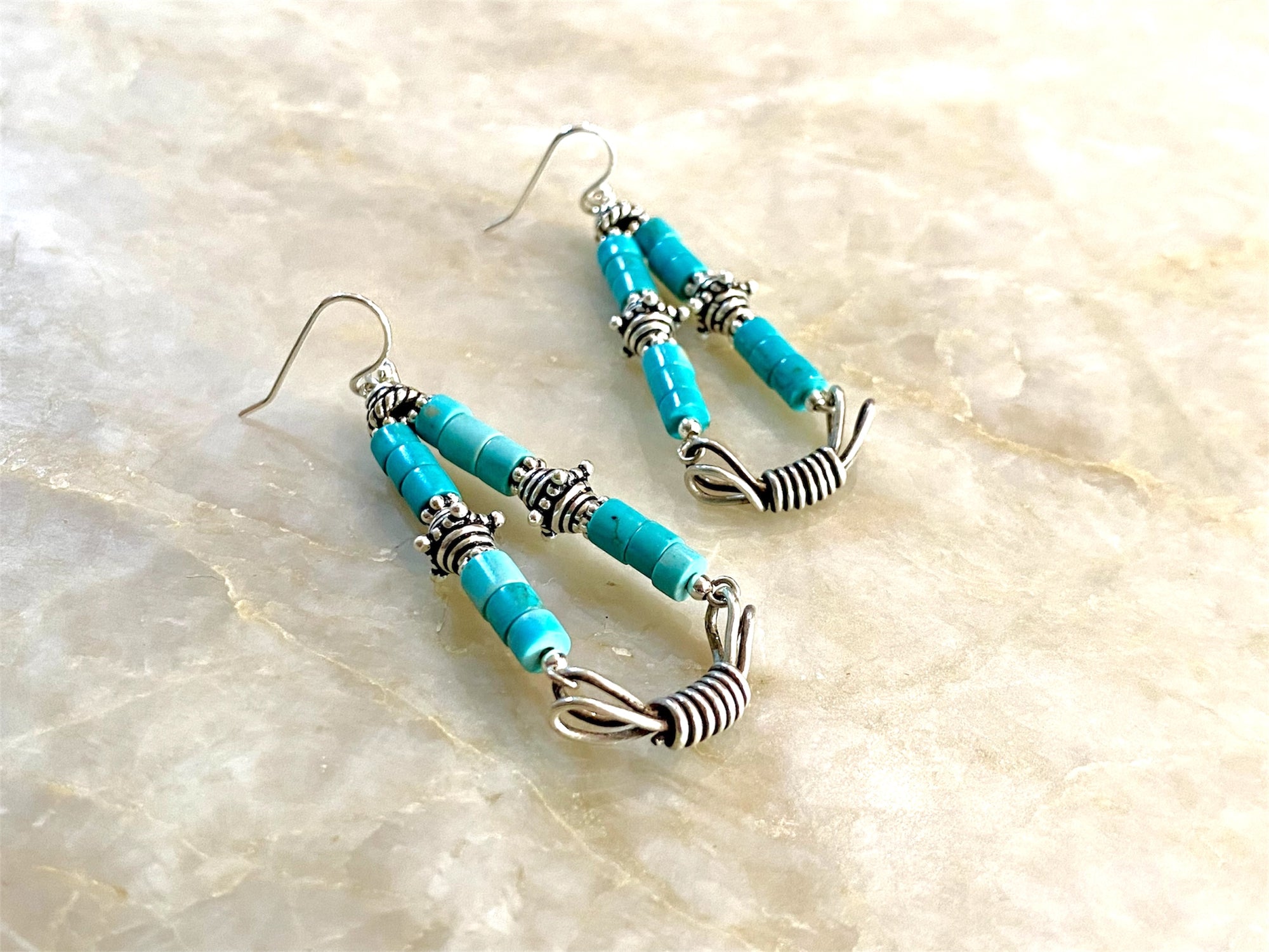 Statement chandelier earrings, silver and turquoise in the Roman/Byzantium style. Length 5 cm including hooks