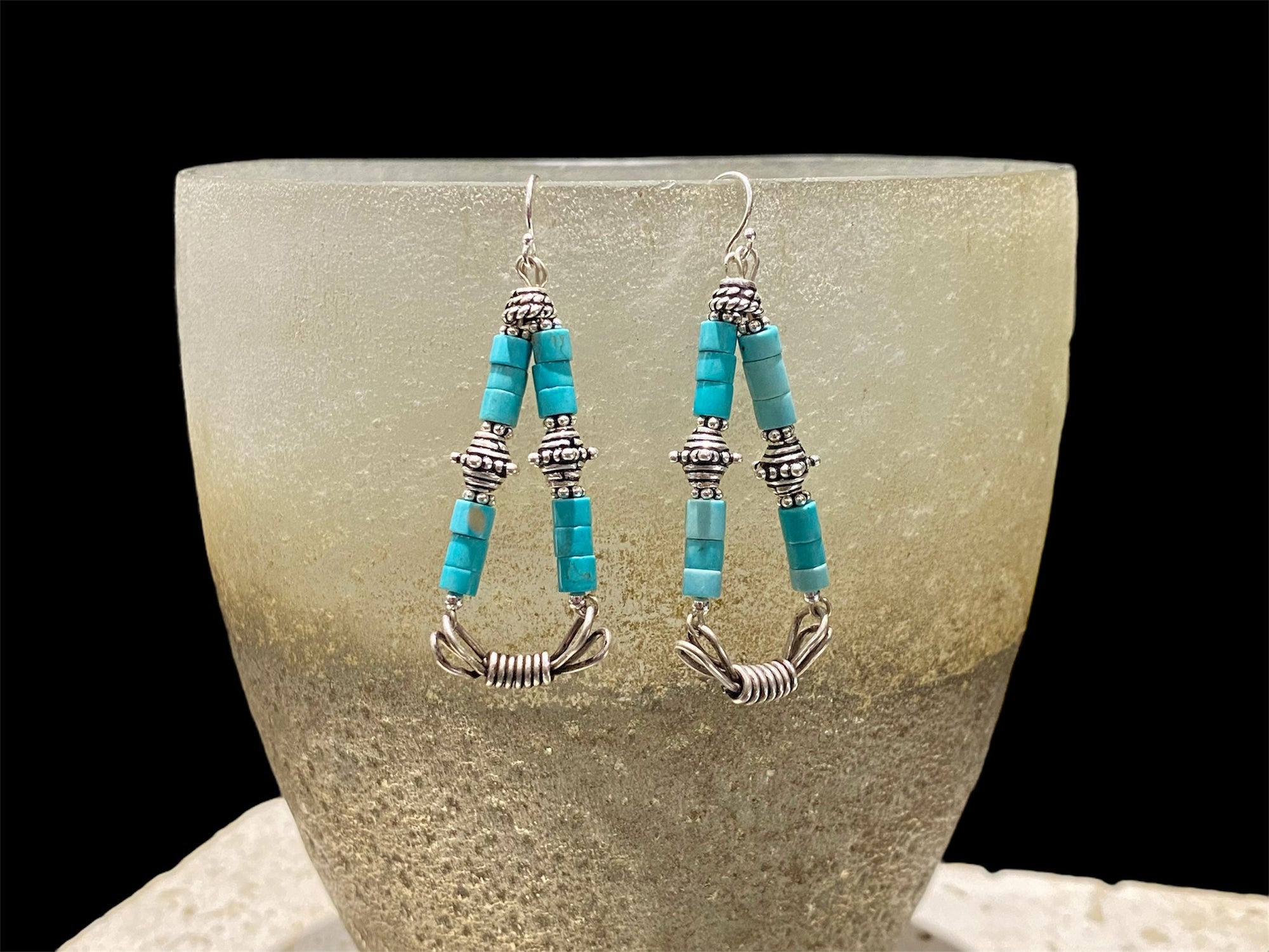 Statement chandelier earrings, silver and turquoise in the Roman/Byzantium style. Length 5 cm including hooks