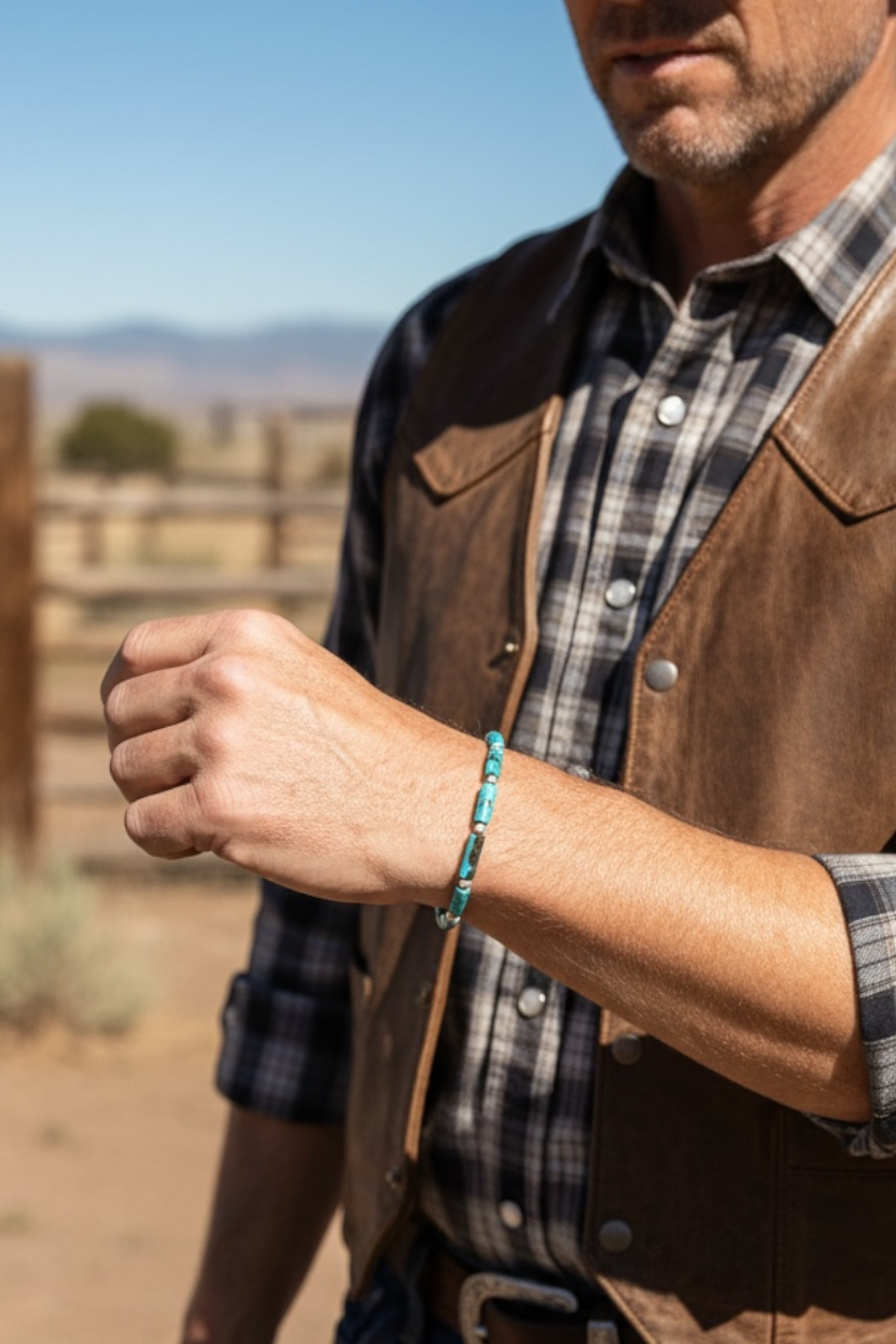 Turquoise bracelet of tube-cut, sky blue natural turquoise beads, with sterling silver detailing and clasp.  Order in different sizes.