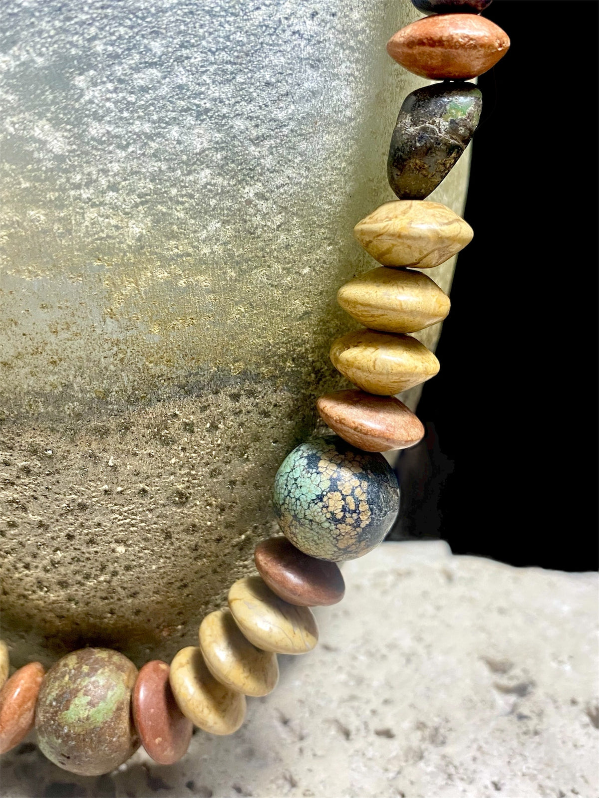 Old Tibetan turquoise, jasper and Afghani lapis lazuli make a standout, long unisex necklace in earthy, natural tones. Sterling silver clasp. Length 59 cm