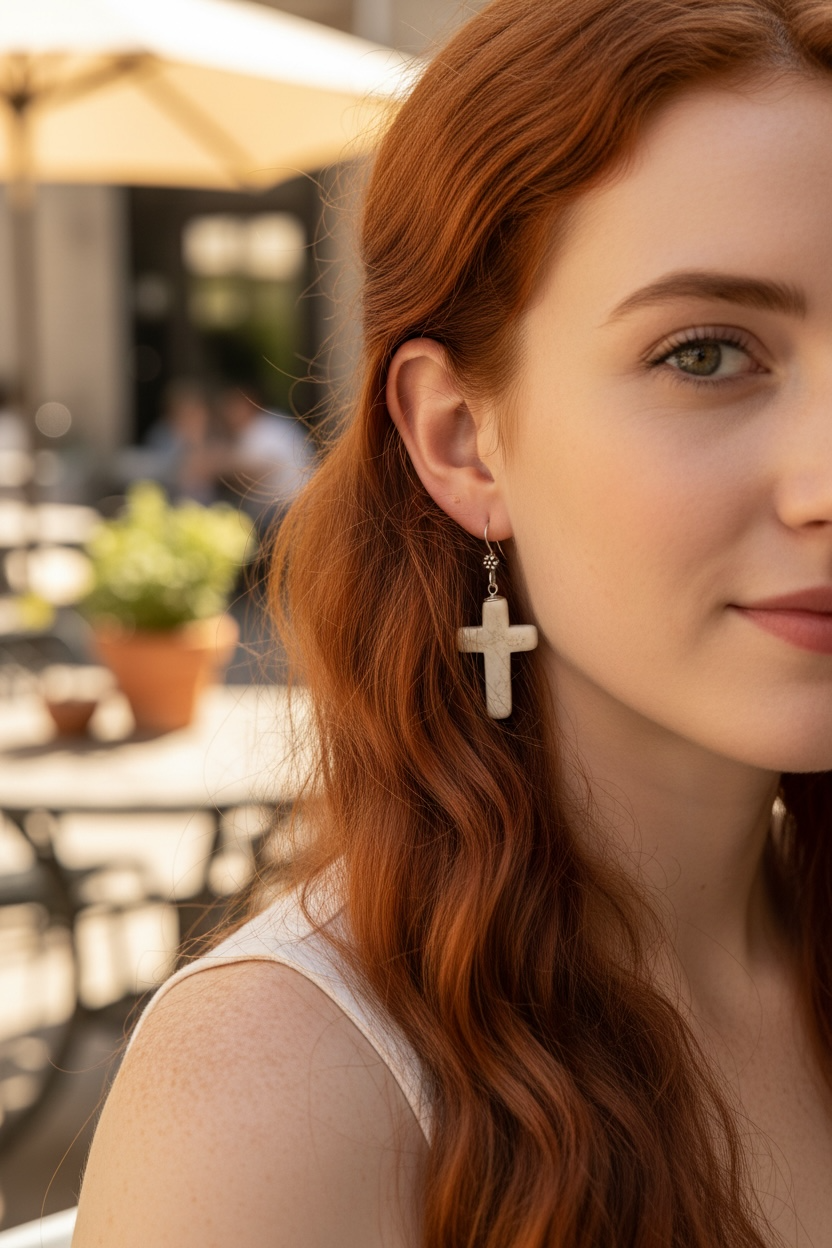 Bold Southwest crucifix earrings are hand crafted from natural creamy white howlite stone, finished with a handmade sterling silver rosette shepard hook. Height including hook 5 cm