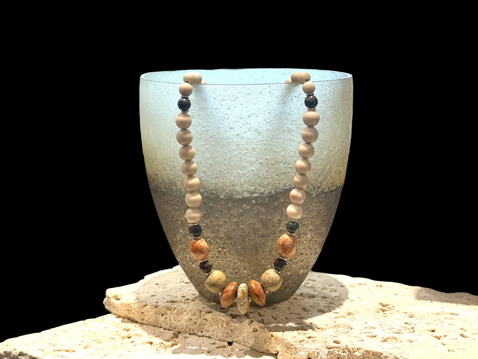 Tribally inspired, pastel toned stone necklace featuring pale turquoise, bloodstone, jasper and sterling silver.  Length 50 cm