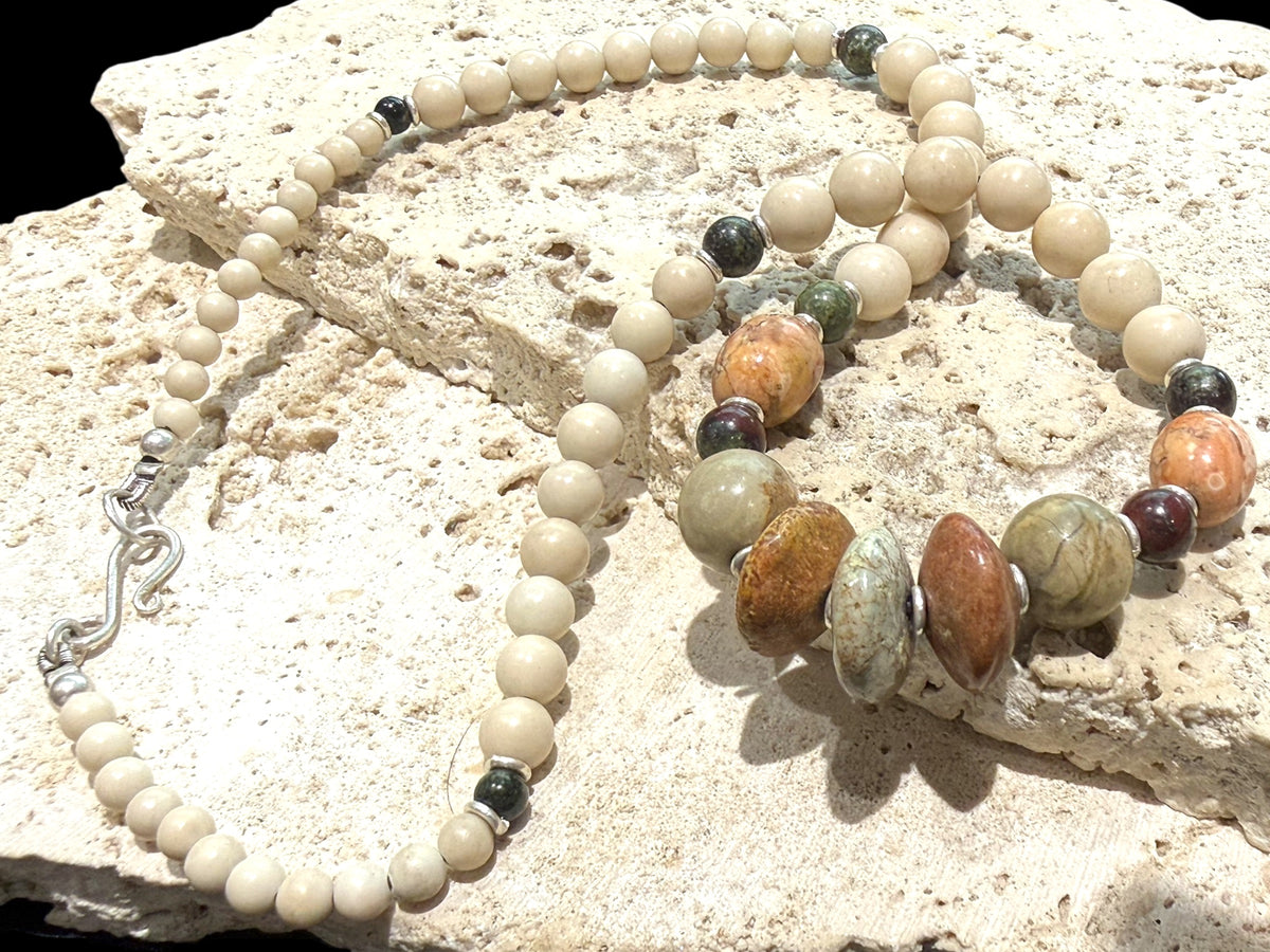 Tribally inspired, pastel toned stone necklace featuring pale turquoise, bloodstone, jasper and sterling silver.  Length 50 cm
