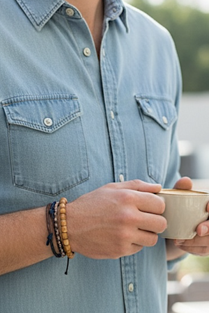 Carved vintage yak bone bead bracelet features carved skull beads and tiny sandalwood spacer beads. Stretchy cord, wear alone or stacked with other bracelets. Two sizes, 20 cm and 18 cm. Unisex bracelet for men or women.