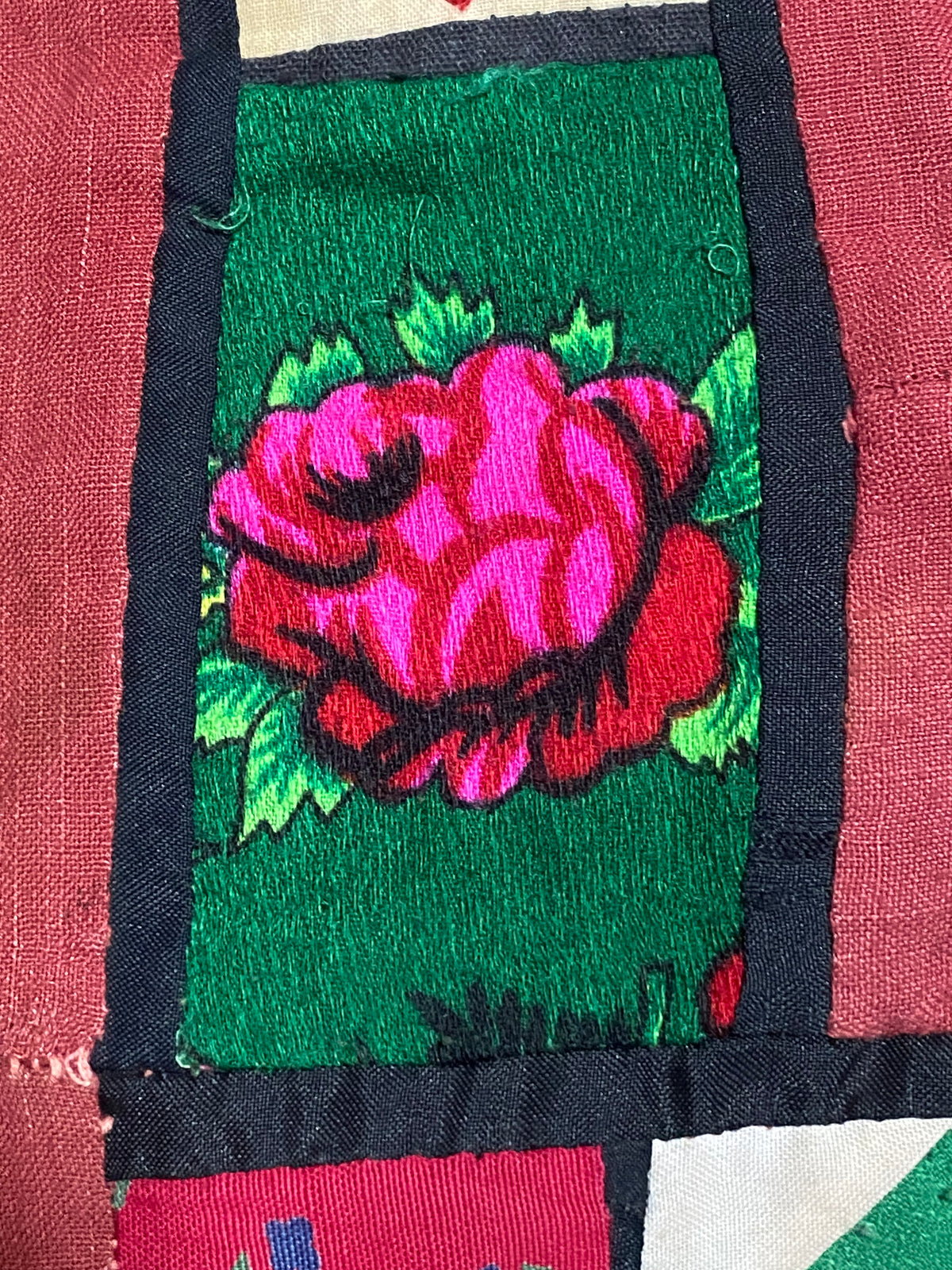 Uzbeki Afghani korak patchwork. Geometric patchwork of cotton, silk, velvet & embroidered fabric squares, framed with embroidery. Traditionally used by nomads as coverlets or wall hangings in their tents. Protects against evil eye. This is a fine example of this style of workmanship. Early 20th C: 200 x 173 cm