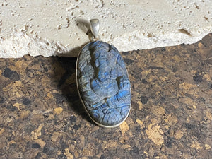 Ganesh Hand Carved Labradorite Pendant - Long Oval (No 8)