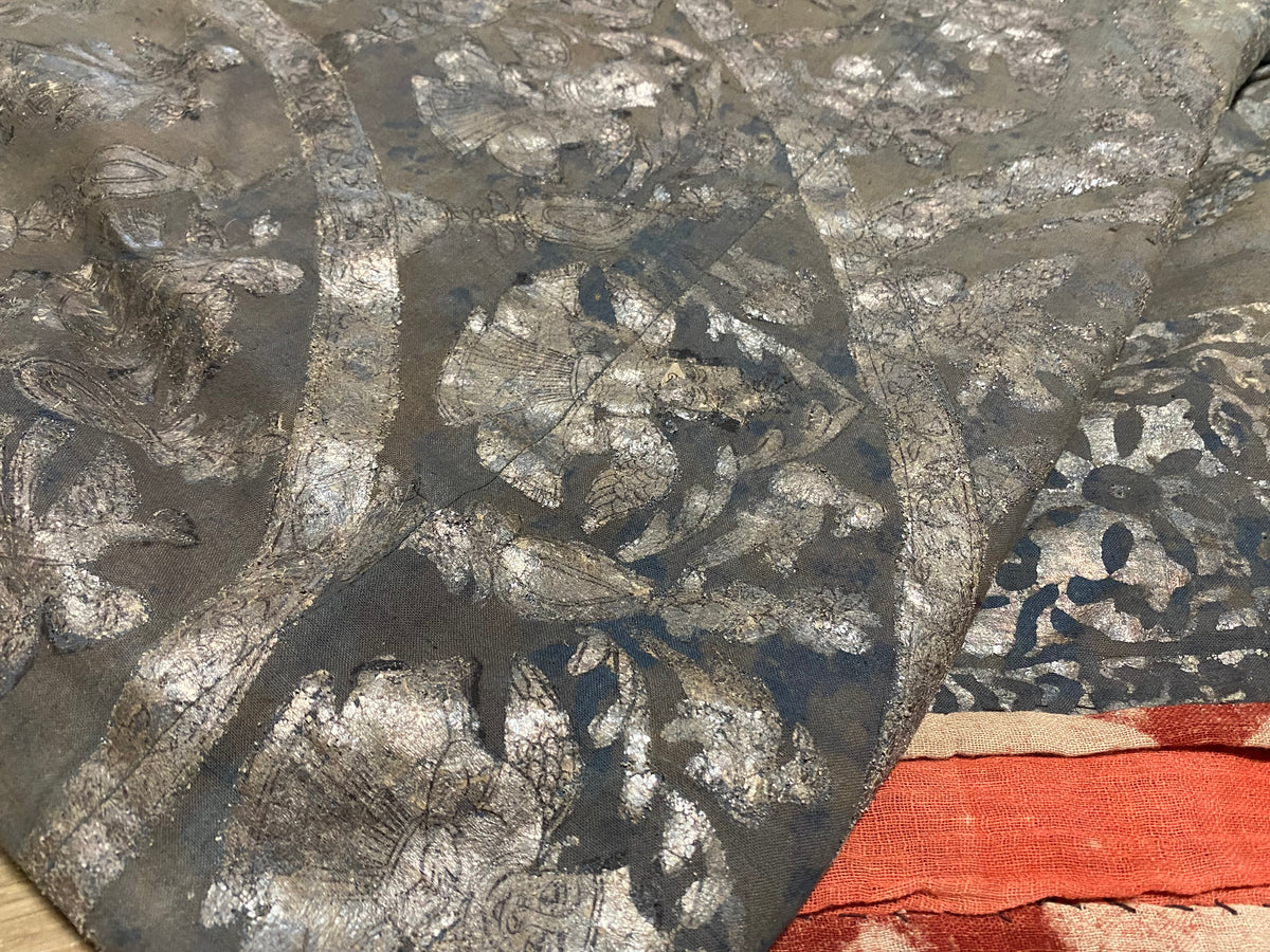 Pichwai temple hanging, silver leaf on a ground of handwoven cotton, featuring Krishna, gopis and apsaras. This devotional cloth hanging was made by Shri Nathji devotees of the Pushti Marg Sect. A large and rare circular-patterned example dating to late 19th Century and a collector's item. Measurements: 173 x 157 cm.