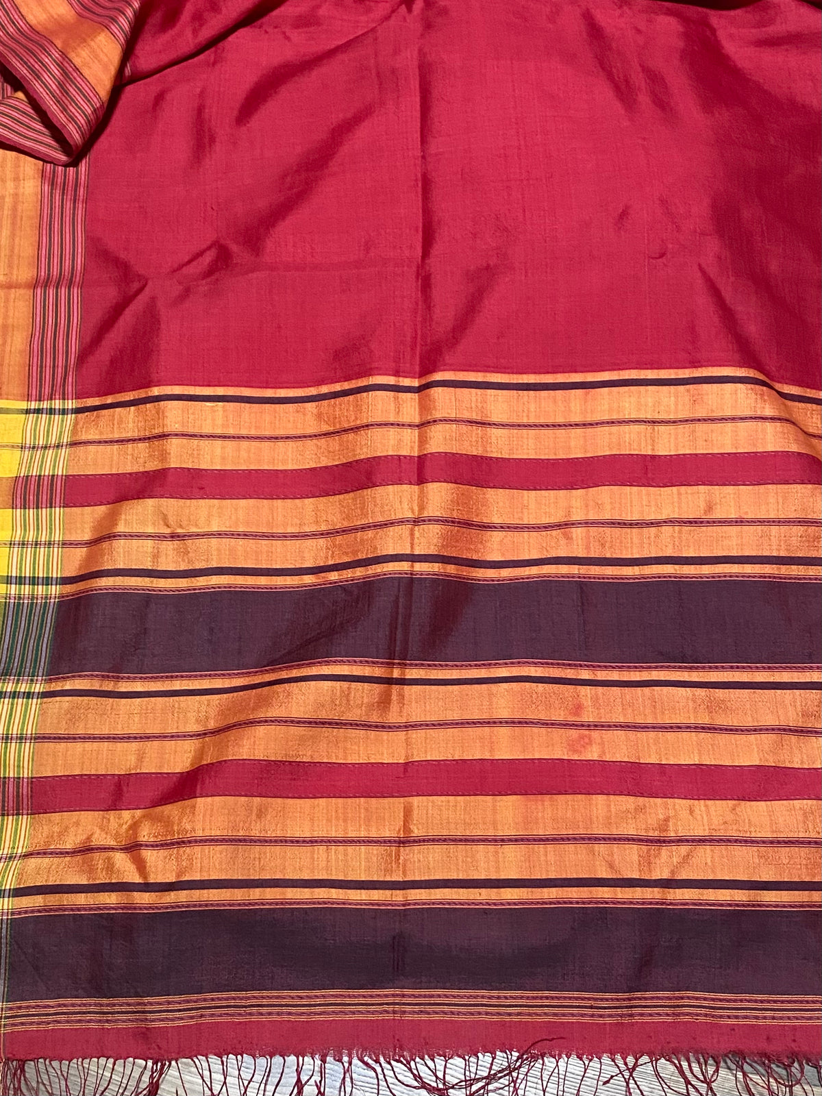 Rare classic example of a balanced tabby-weave silk shawl from Turkmenistan. Silk, terminating in fringed ends. This shawl is new, but was collected by my father in the 1990's and to our knowledge is an heirloom piece, woven in the early 20th century. In superb condition. 373 x 82 cm, not including fringes.