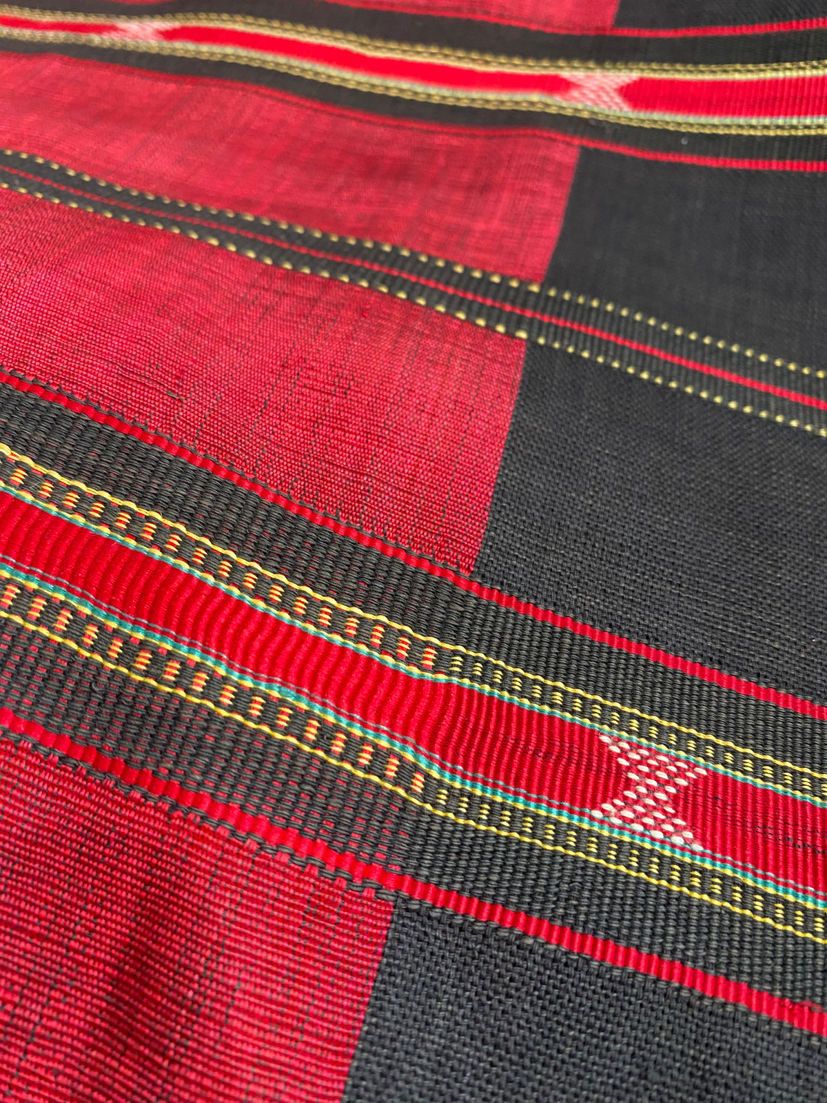 Waziri men's shawl or chador, Northwest Frontier Pakistan/Afghanistan. Hand loomed in two pieces sewn together. Dark indigo/black cotton body is woven with red silk and a stripped patterned border as contrast. Early 20th C, most likely an heirloom piece used only once. In superb condition without blemish. 231 x 134 cm