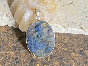 Ganesh Hand Carved Labradorite Pendant - Large Oval (No 4)