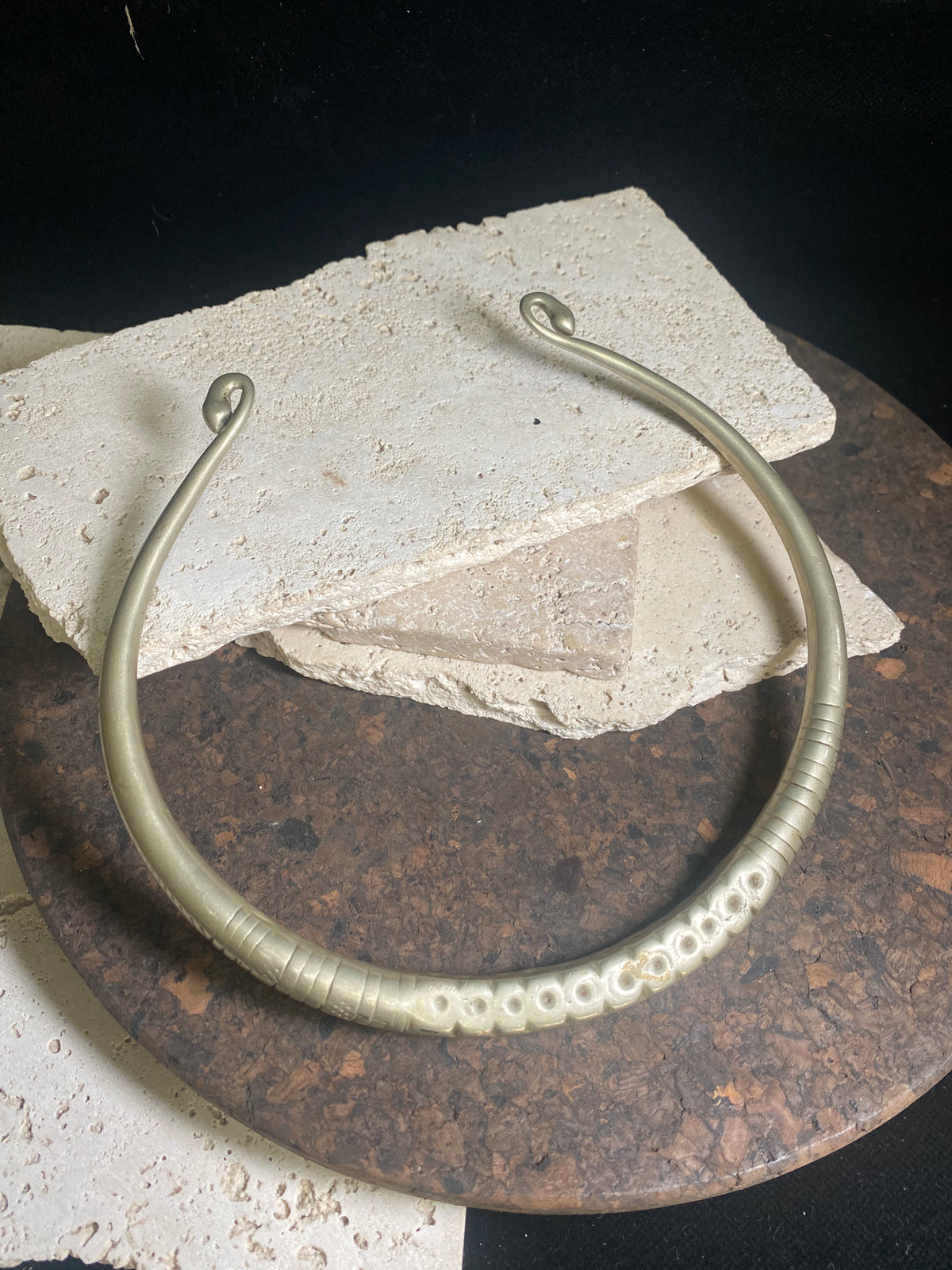 Solid cast & chiselled hansuli torque. rural Gujarat, India. Coin silver. 19th century. Width 16 cm, width at opening 7 cm. Weight 260 g